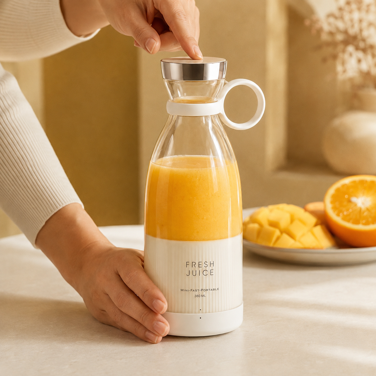 Licuadora portátil KYREX FreshMix blanca preparando un batido de mango