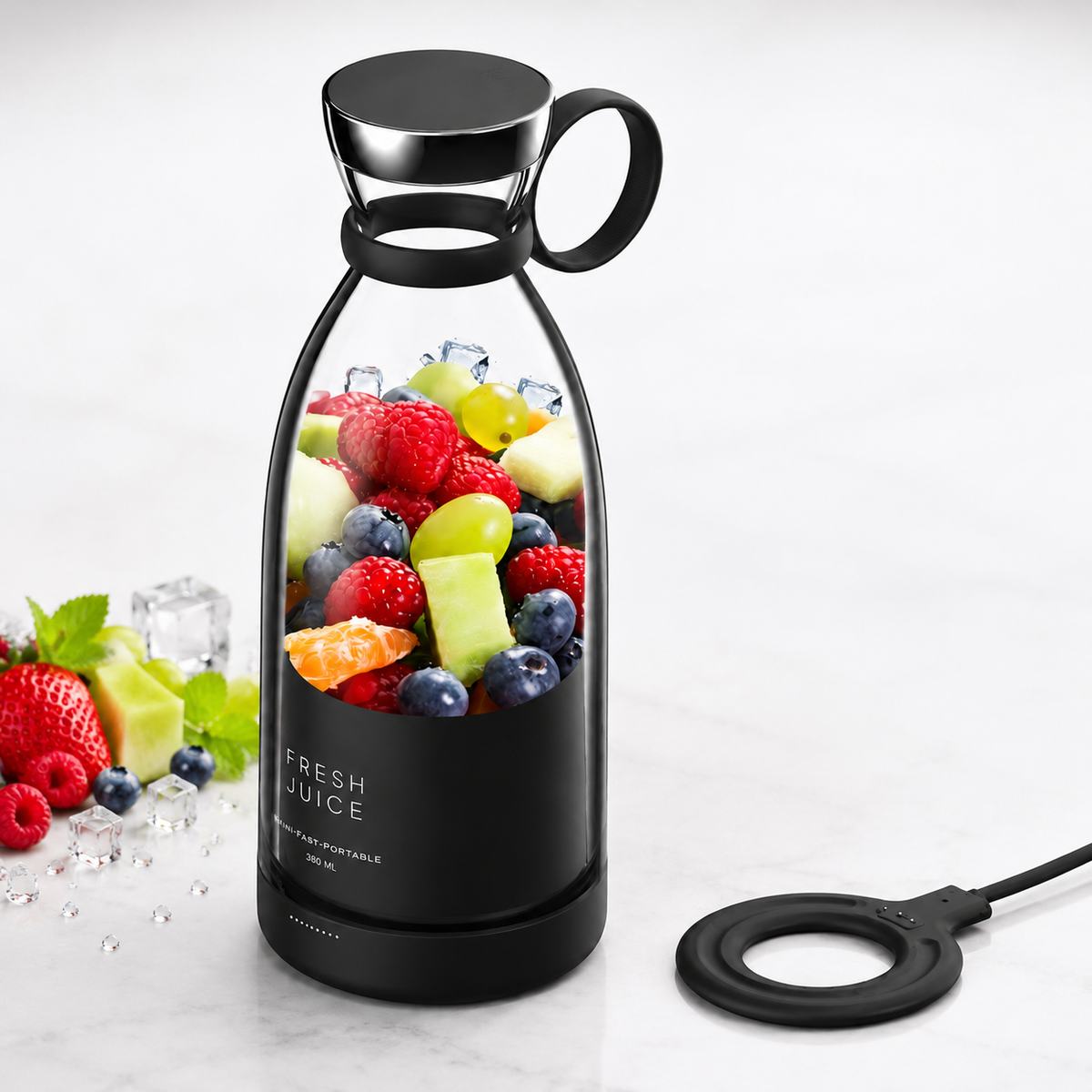 Licuadora portátil KYREX FreshMix negra con base de carga USB