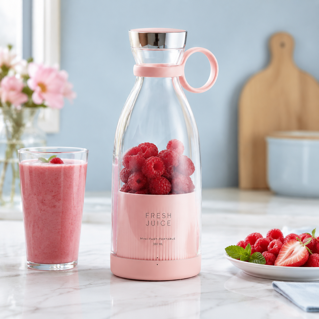 Licuadora portátil KYREX FreshMix rosa junto a un batido de frutos rojos